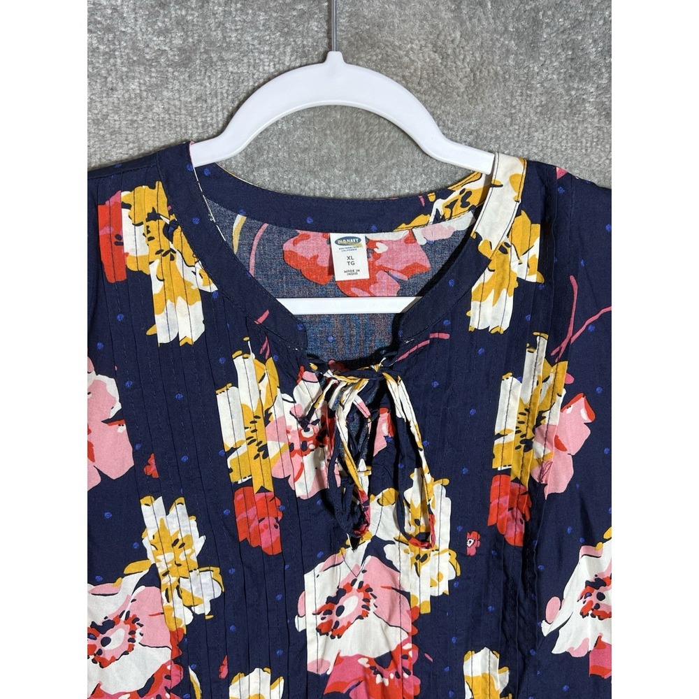 Old Navy Dress Womens Size XL Blue Floral Long Sleeve Pintuck Lace Up Neckline - Picture 6 of 9
